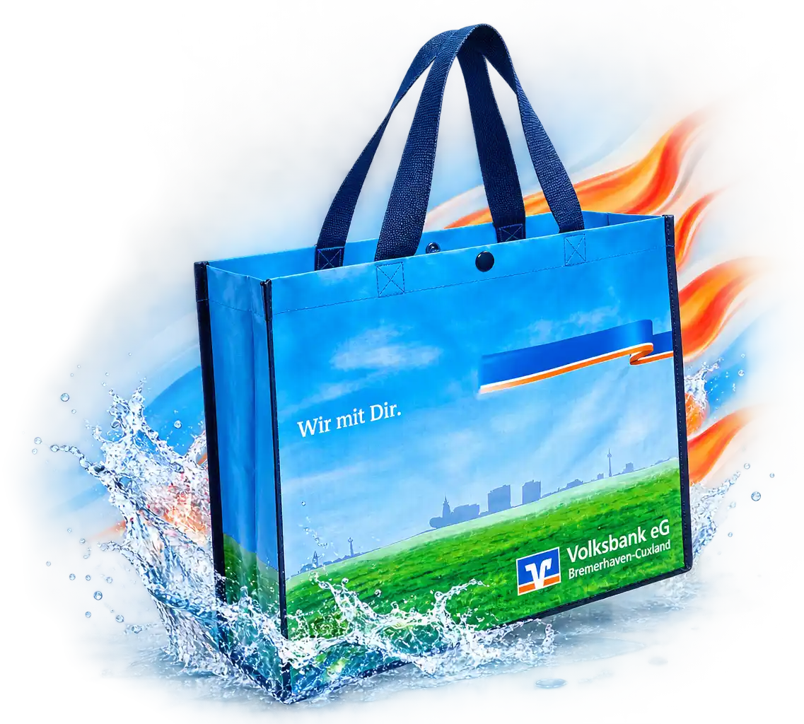 Individuell bedruckte Werbetasche aus recyceltem PP-Woven für Volksbank